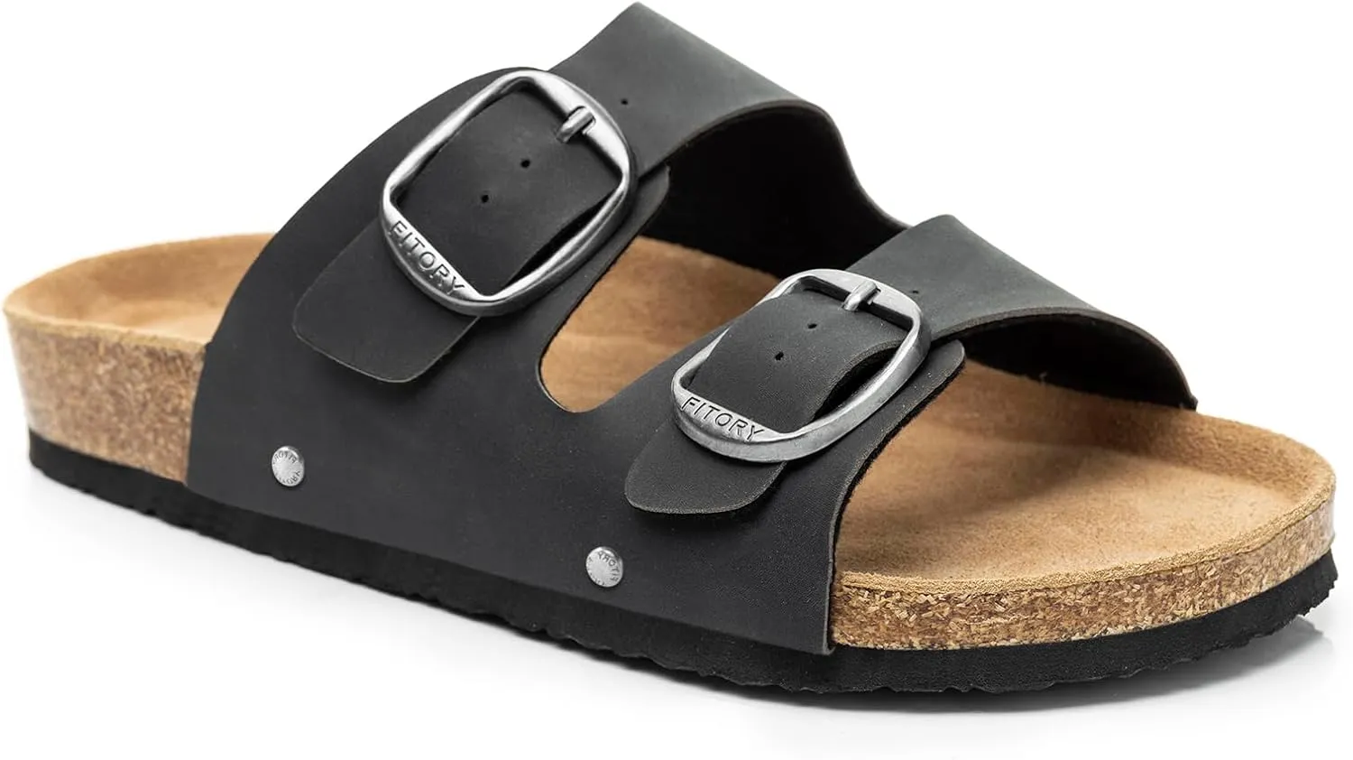 FITORY Womens Flat Sandals with Cork Footbed, Open Toe Slides Adjustable Slip On Slippers for Summer Size 6-11