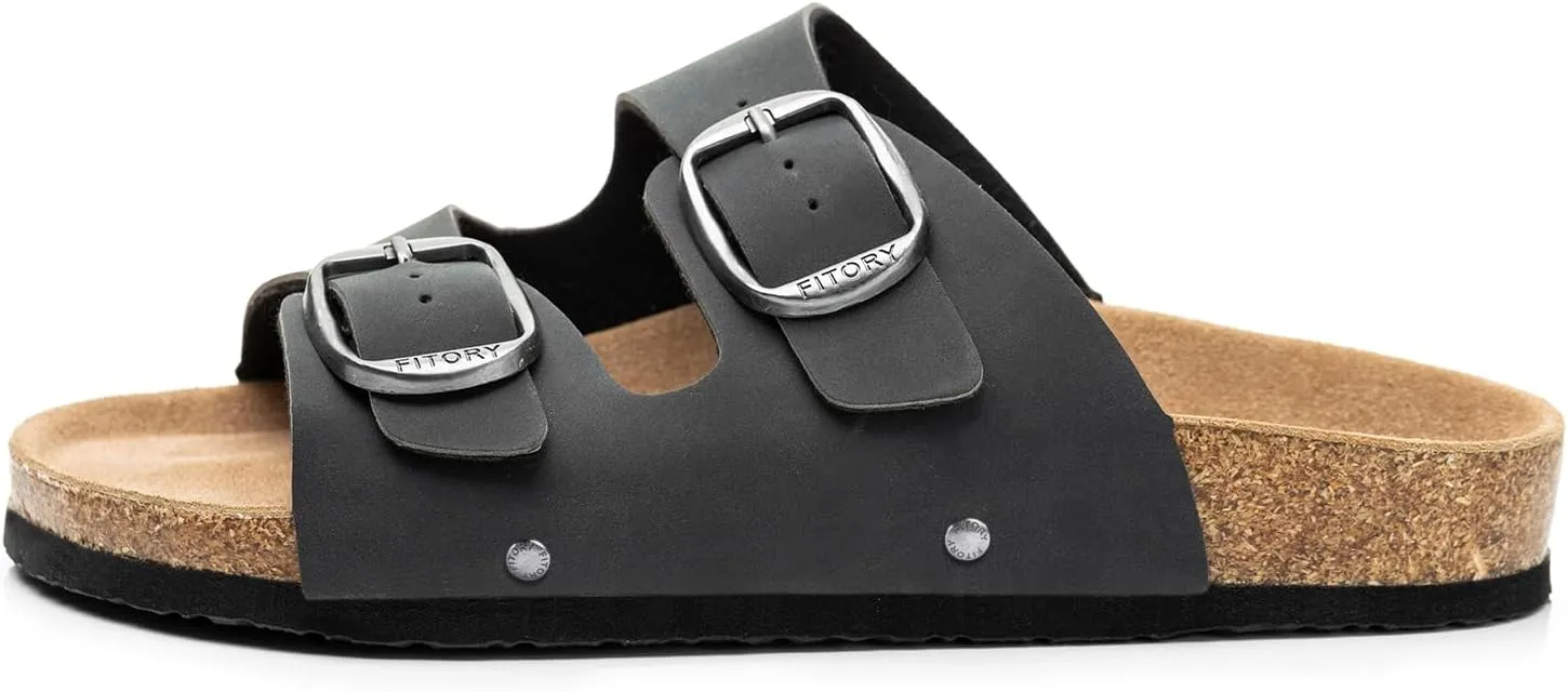 FITORY Womens Flat Sandals with Cork Footbed, Open Toe Slides Adjustable Slip On Slippers for Summer Size 6-11