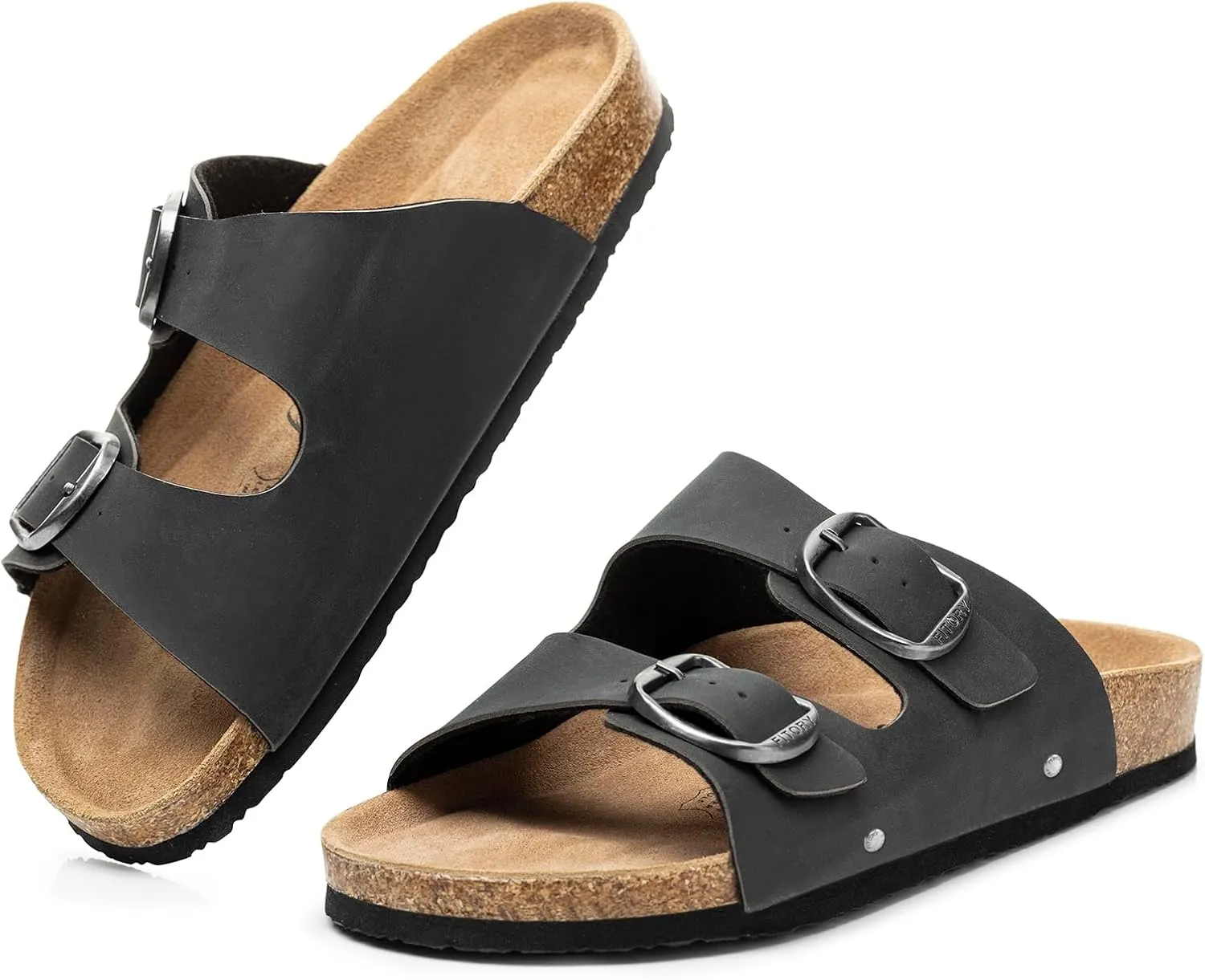 FITORY Womens Flat Sandals with Cork Footbed, Open Toe Slides Adjustable Slip On Slippers for Summer Size 6-11