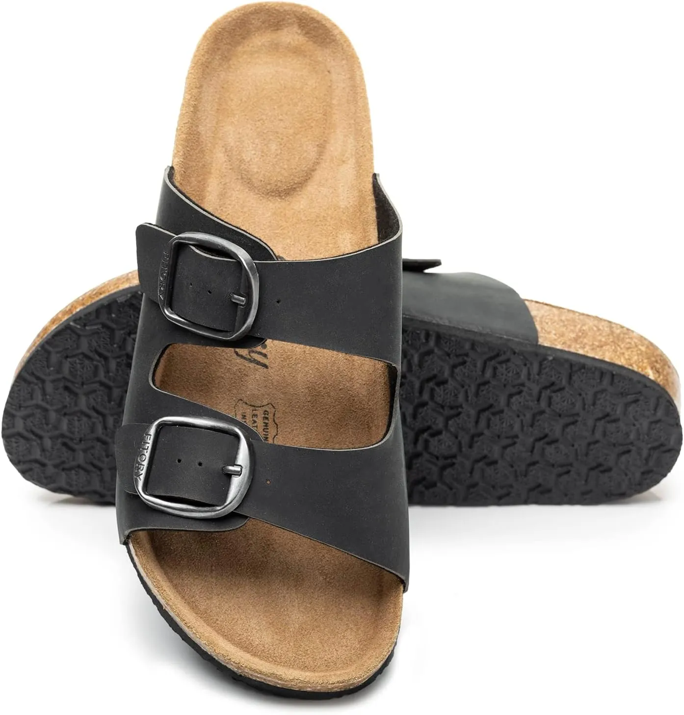 FITORY Womens Flat Sandals with Cork Footbed, Open Toe Slides Adjustable Slip On Slippers for Summer Size 6-11