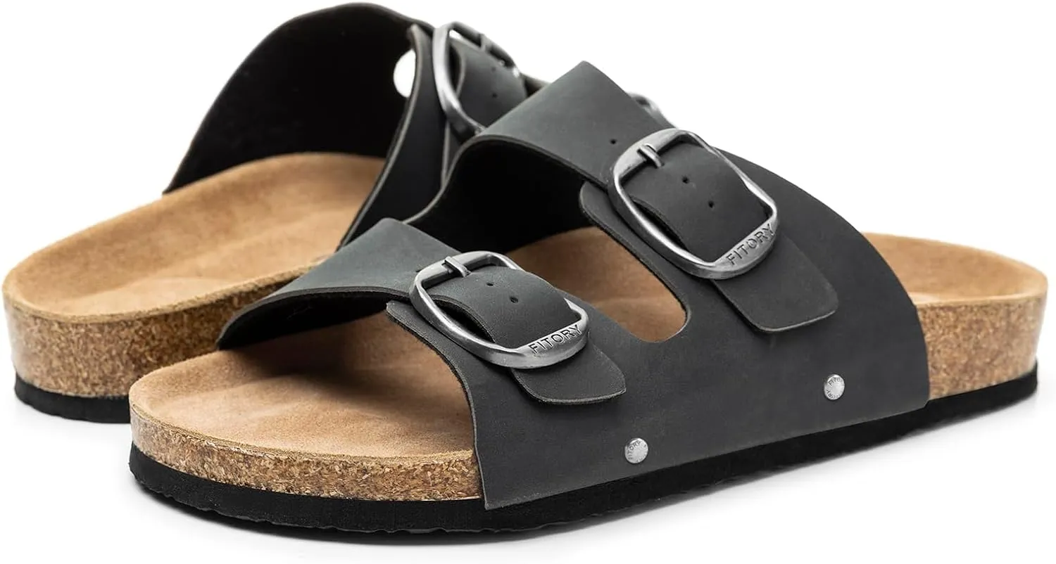 FITORY Womens Flat Sandals with Cork Footbed, Open Toe Slides Adjustable Slip On Slippers for Summer Size 6-11