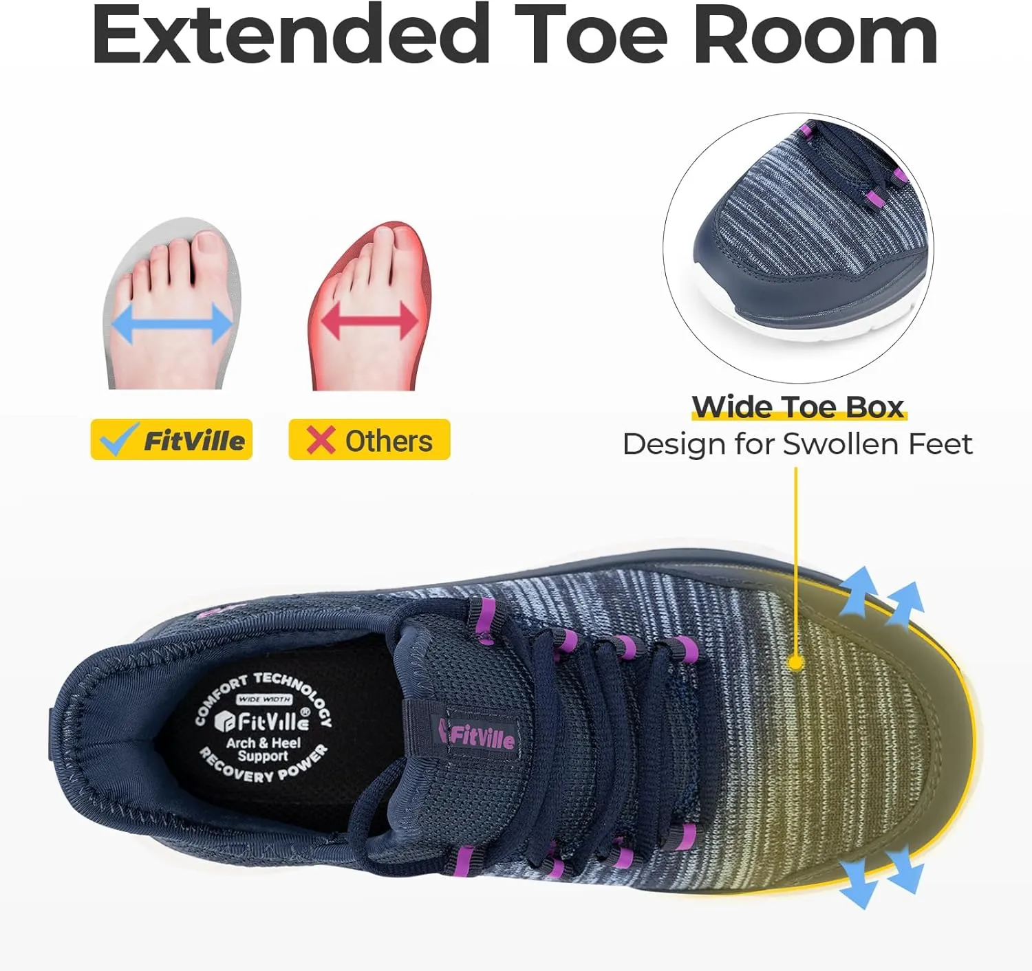 FitVille Women's Slip On Sneakers Wide Shoes Hands Free Running Shoes Slip-On Walking Shoes for Flat Feet Plantar Fasciitis Heel Pain Relief - Cloud Walker V7