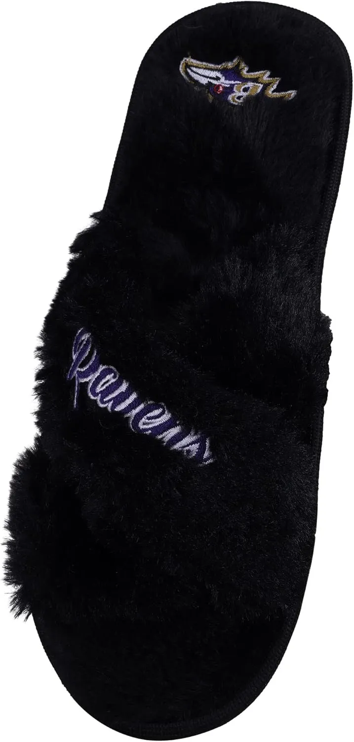 FOCO Womens NFL Team Script Wordmark Fuzzy Cross Slide Slippers