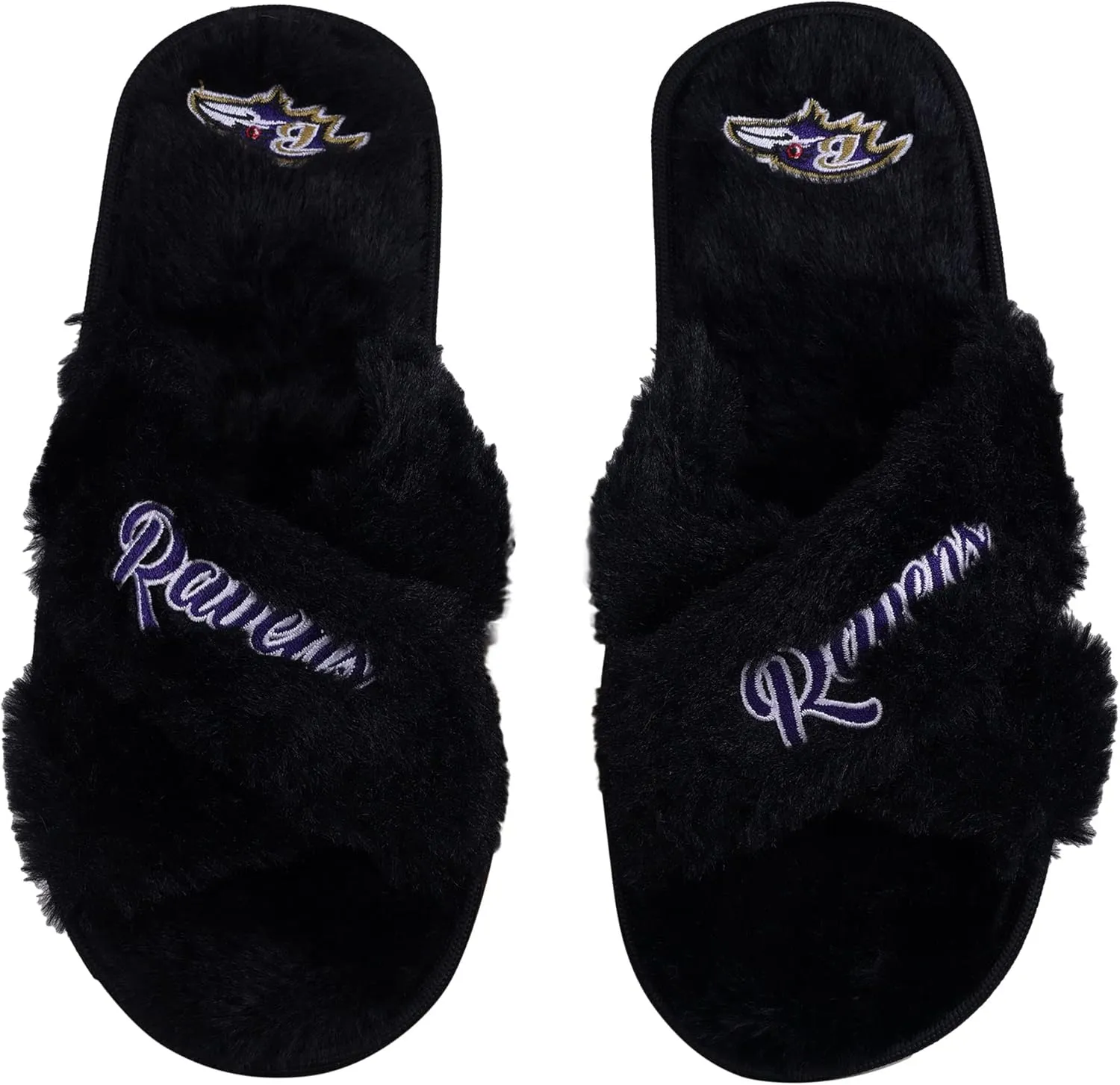 FOCO Womens NFL Team Script Wordmark Fuzzy Cross Slide Slippers