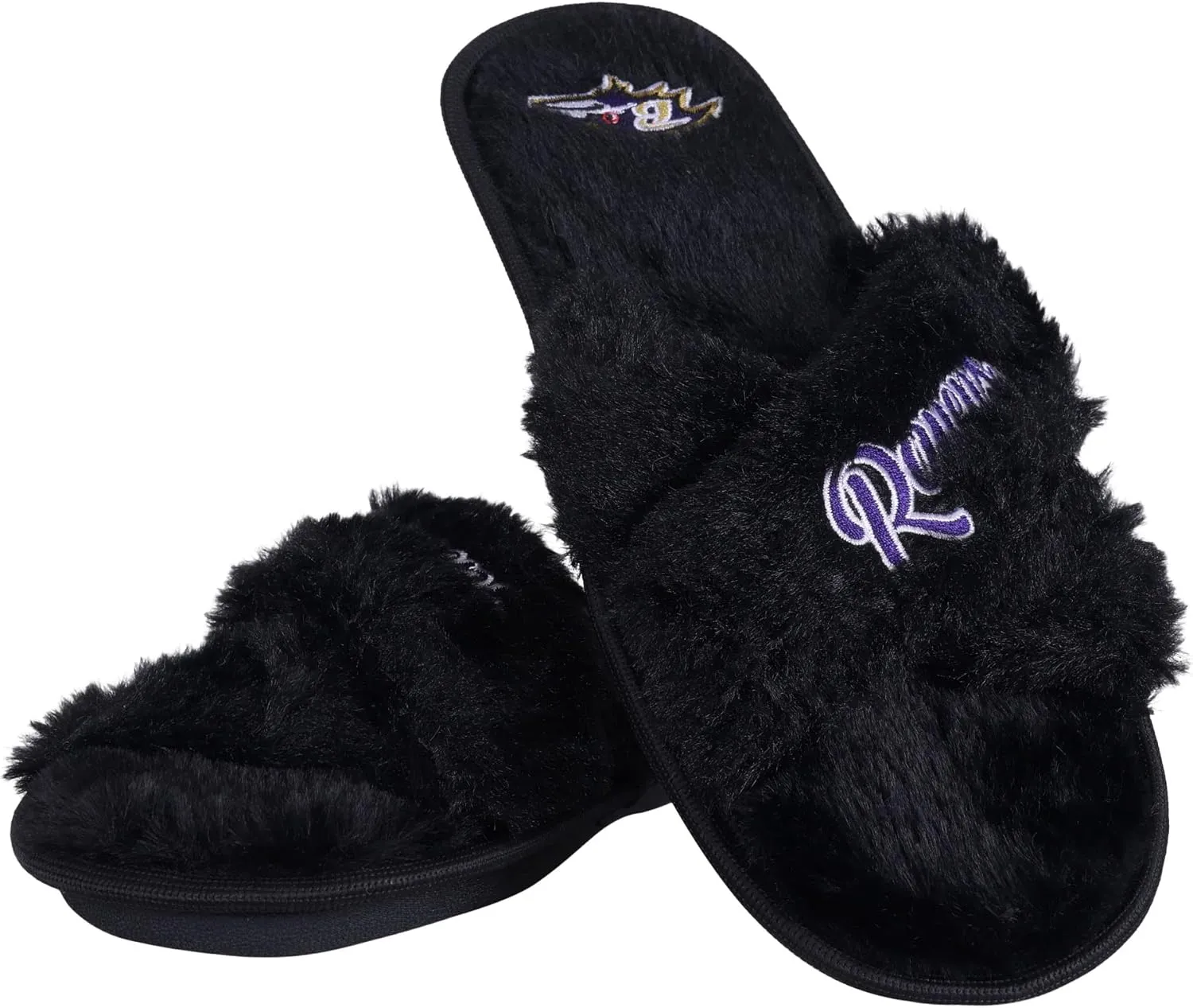 FOCO Womens NFL Team Script Wordmark Fuzzy Cross Slide Slippers