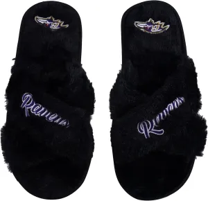 FOCO Womens NFL Team Script Wordmark Fuzzy Cross Slide Slippers