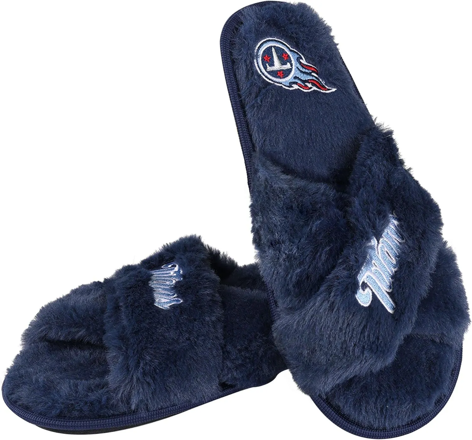 FOCO Womens NFL Team Script Wordmark Fuzzy Cross Slide Slippers