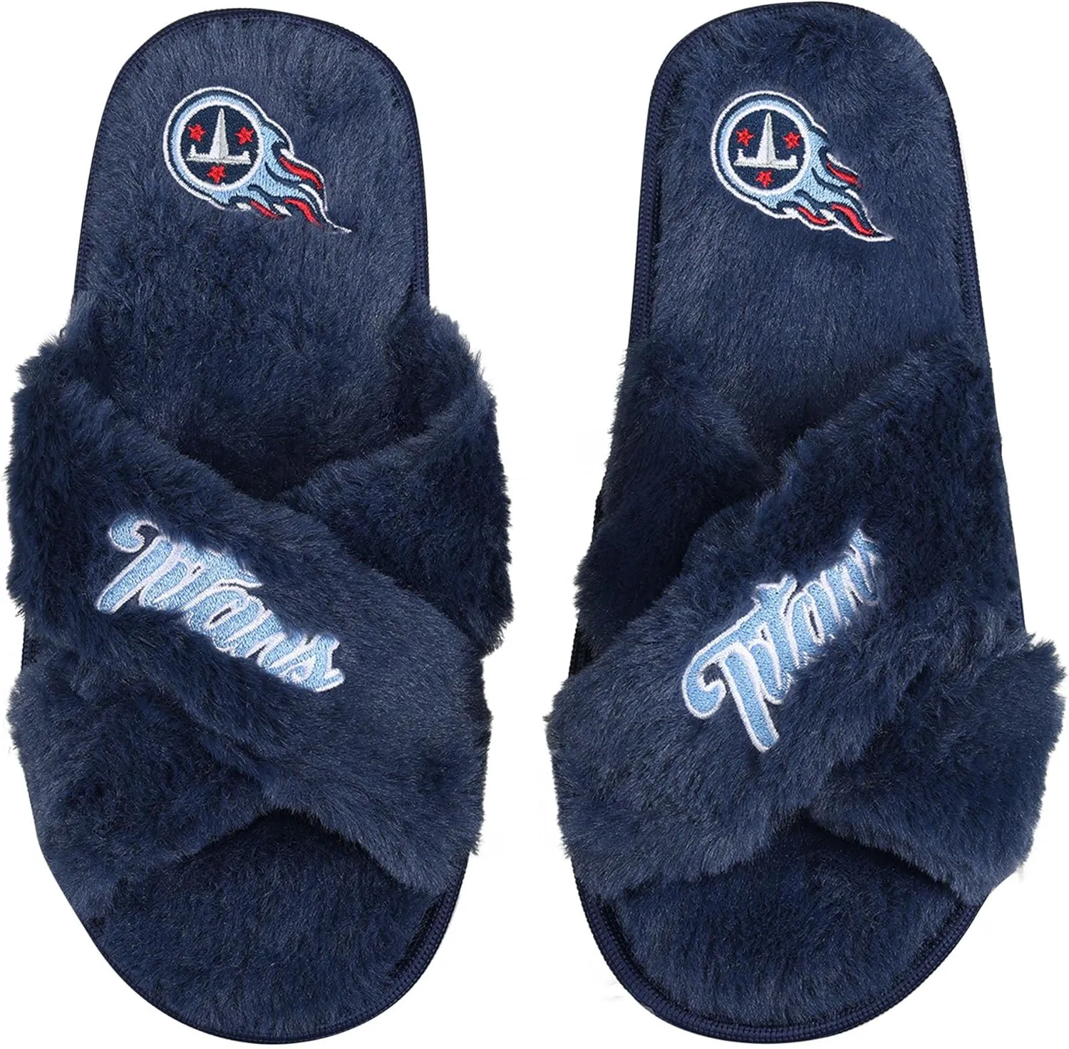 FOCO Womens NFL Team Script Wordmark Fuzzy Cross Slide Slippers