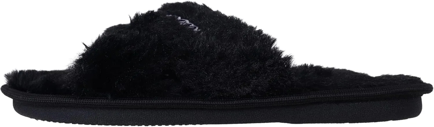 FOCO Womens NFL Team Script Wordmark Fuzzy Cross Slide Slippers