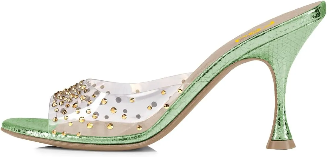 FSJ Women Versatile Open Toe Slide Spool Mid Heel Mules Round Toe Slip On Backless Sandals Dressy Summer Slipper Shoes Size 4-15 US
