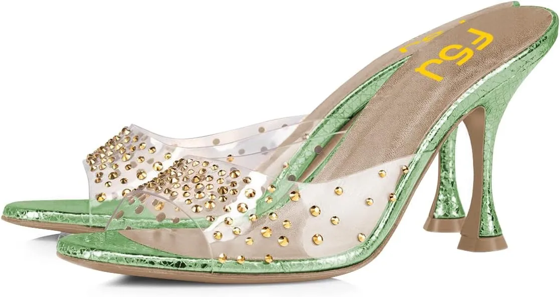 FSJ Women Versatile Open Toe Slide Spool Mid Heel Mules Round Toe Slip On Backless Sandals Dressy Summer Slipper Shoes Size 4-15 US