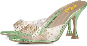 FSJ Women Versatile Open Toe Slide Spool Mid Heel Mules Round Toe Slip On Backless Sandals Dressy Summer Slipper Shoes Size 4-15 US
