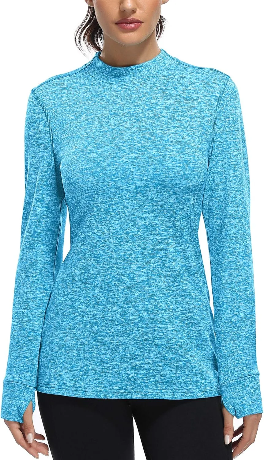 Fulbelle Womens Thermal Fleece Mock Neck Long Sleeve Running Shirts, Thumbholes Cold Weather Base Layer
