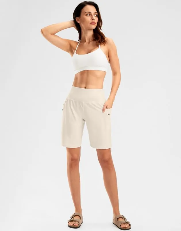 G Gradual Women's High Waisted 9" Bermuda Shorts with Zipper Pockets Athletic Workout Long Shorts for Women Knee Length