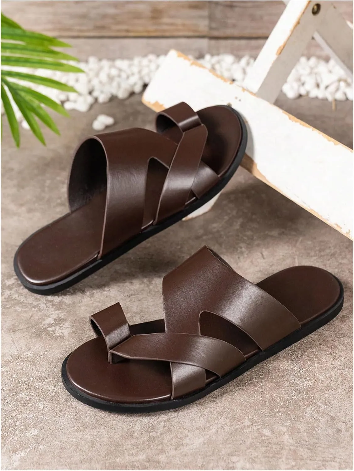 GORGLITTER Men's Beach Leather Sandals Slide Footwear Round Flip Flops Pu Slip On Slippers