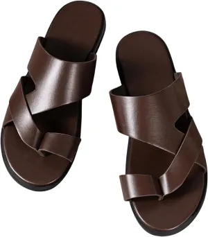 GORGLITTER Men's Beach Leather Sandals Slide Footwear Round Flip Flops Pu Slip On Slippers