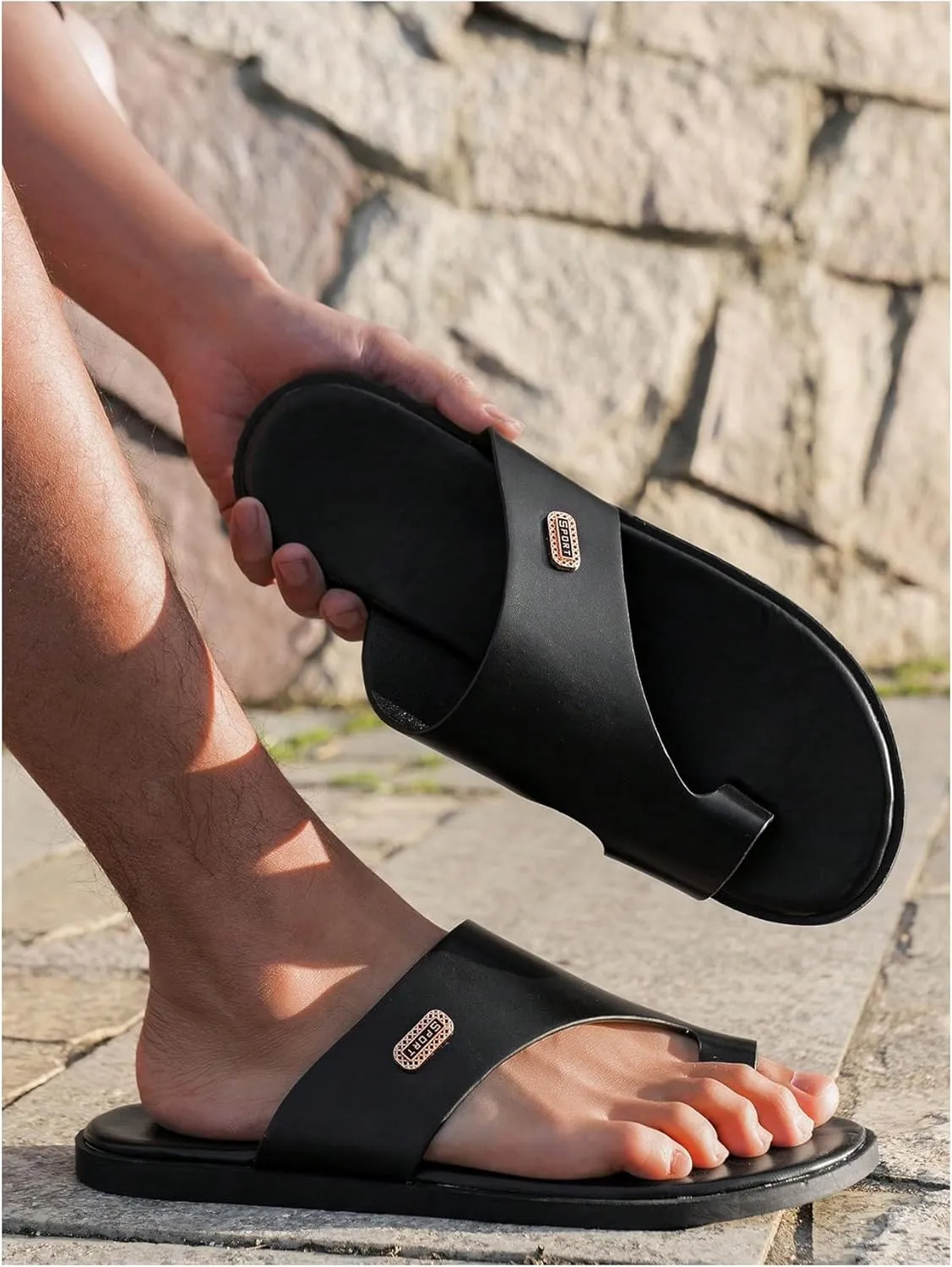 GORGLITTER Men's Beach Leather Sandals Slide Footwear Round Flip Flops Pu Slip On Slippers