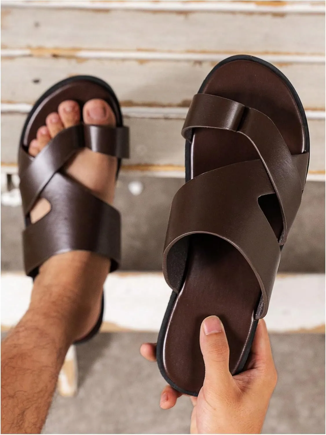 GORGLITTER Men's Beach Leather Sandals Slide Footwear Round Flip Flops Pu Slip On Slippers