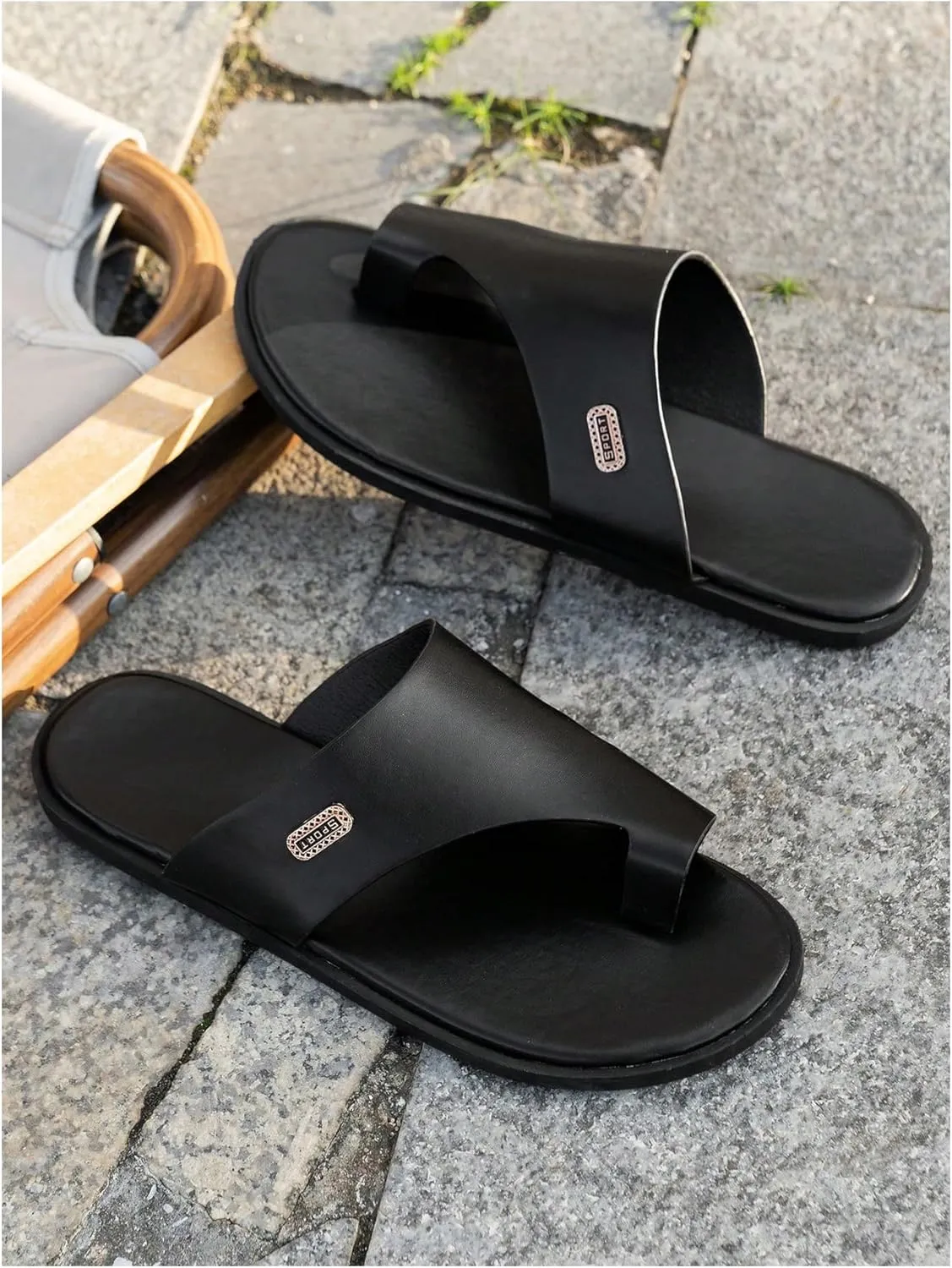 GORGLITTER Men's Beach Leather Sandals Slide Footwear Round Flip Flops Pu Slip On Slippers