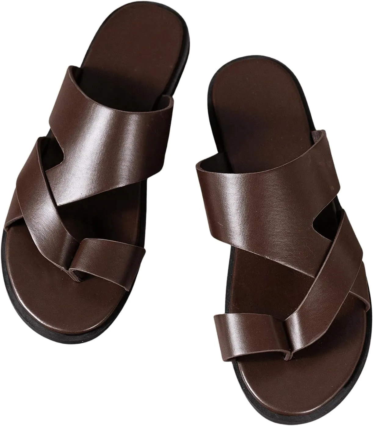 GORGLITTER Men's Beach Leather Sandals Slide Footwear Round Flip Flops Pu Slip On Slippers