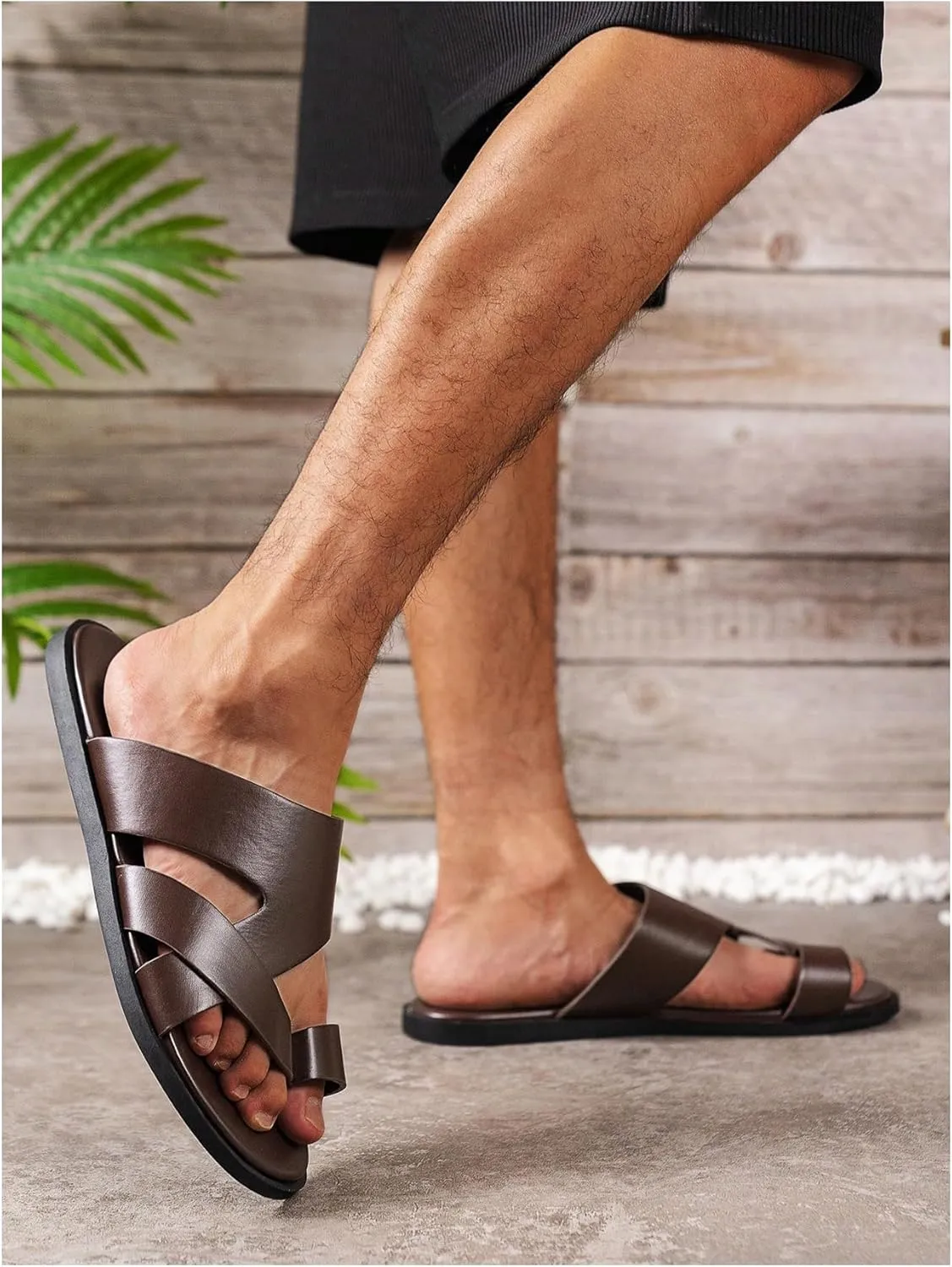 GORGLITTER Men's Beach Leather Sandals Slide Footwear Round Flip Flops Pu Slip On Slippers