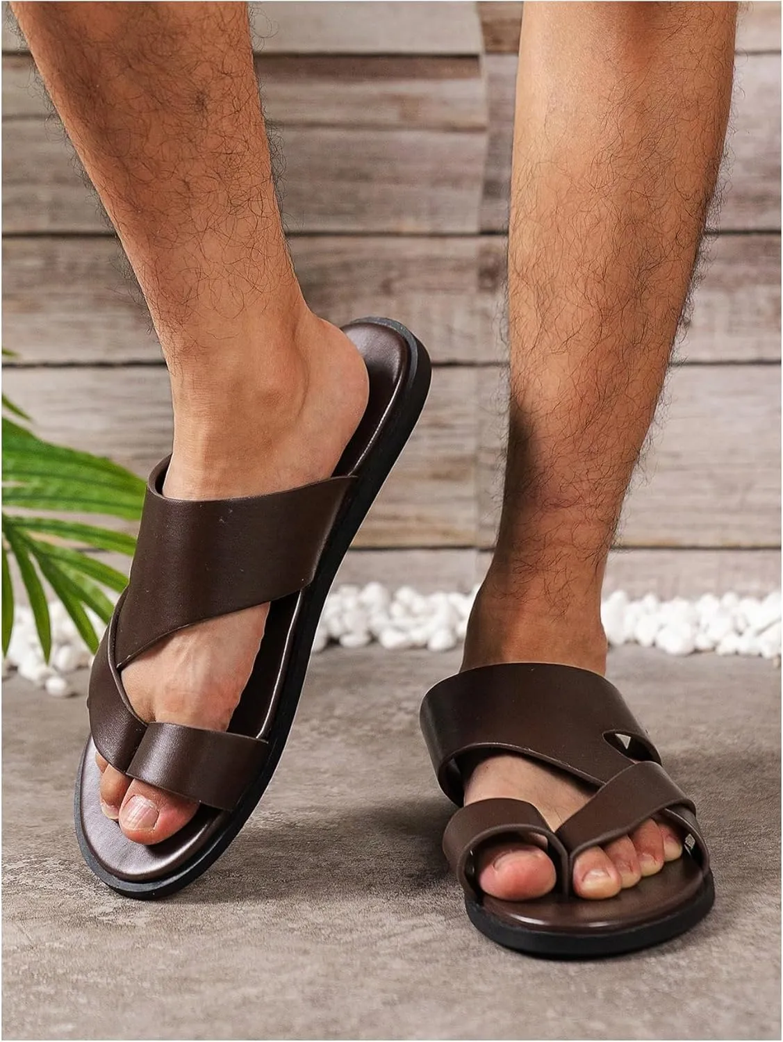 GORGLITTER Men's Beach Leather Sandals Slide Footwear Round Flip Flops Pu Slip On Slippers
