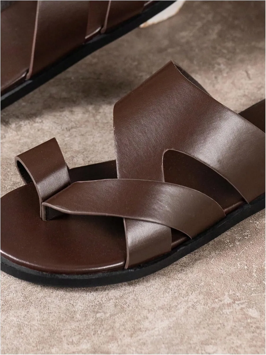 GORGLITTER Men's Beach Leather Sandals Slide Footwear Round Flip Flops Pu Slip On Slippers