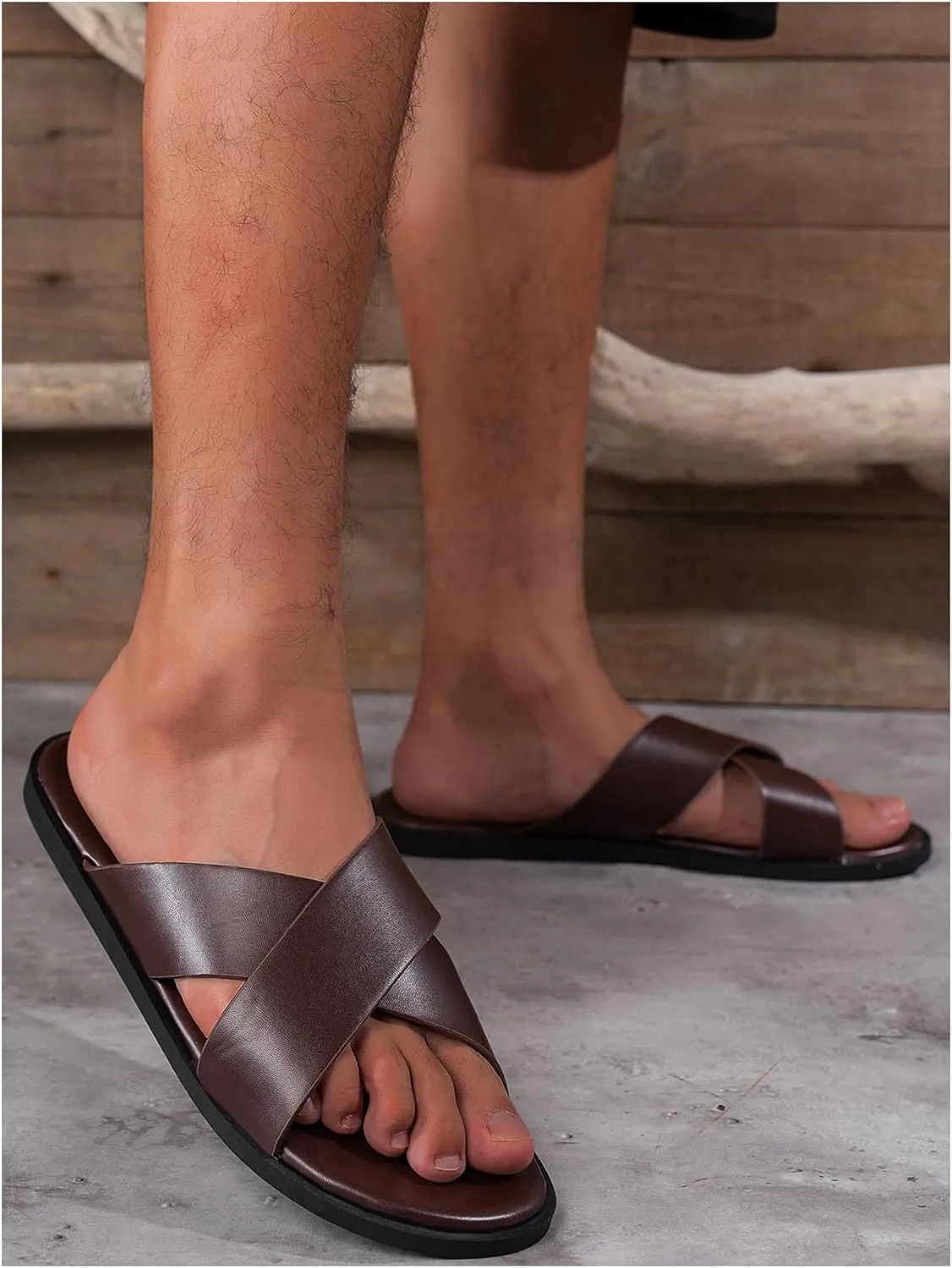 GORGLITTER Men's Summer Beach Leather Sandals Footwear Criss Cross Pu Leather Slide Slippers