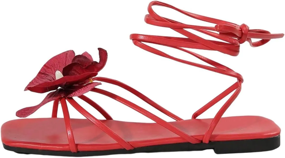 GORGLITTER Women's 3D Flower Sandals Dressy Criss Cross Floral Flat Sandals Square Open Toe Summer Beach Sandals