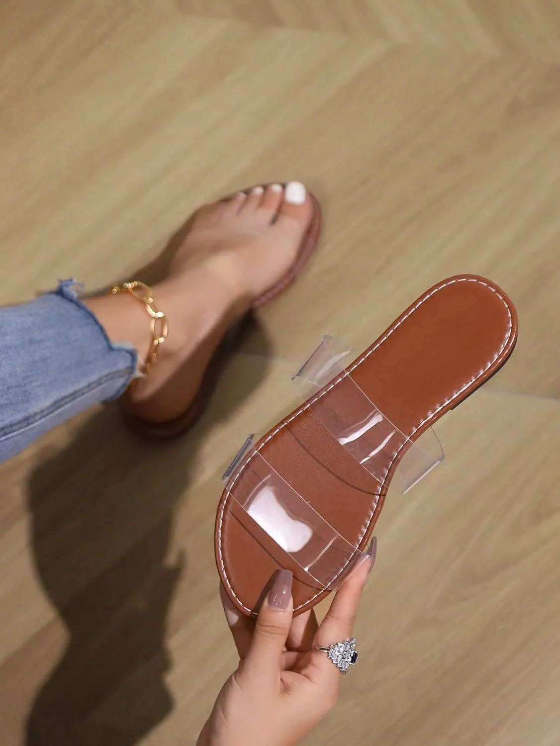 GORGLITTER Women's Clear Flat Sandals Transparent Strappy Open Toe Summer Slide Shoes