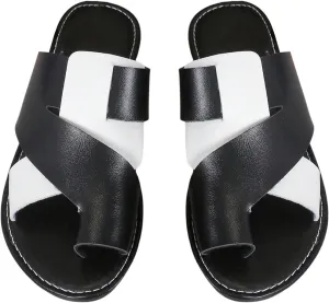 GORGLITTER Women's Color Block Toe Ring Flats Criss Cross Two Tone Open Toe Slide Sandals