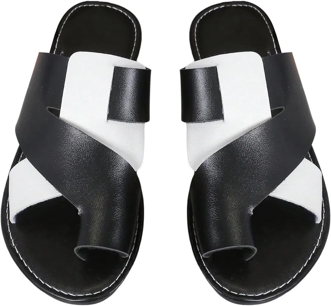 GORGLITTER Women's Color Block Toe Ring Flats Criss Cross Two Tone Open Toe Slide Sandals