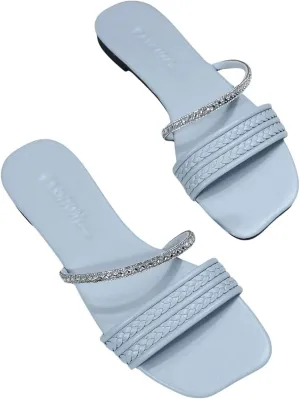GORGLITTER Women's Glitter Rhinestone Braided Strappy Flats Pu Leather Square Open Toe Slide Sandals