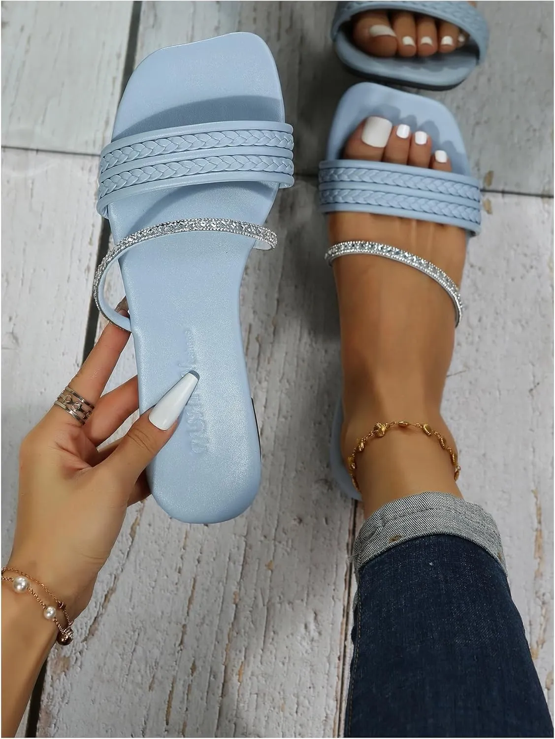 GORGLITTER Women's Glitter Rhinestone Braided Strappy Flats Pu Leather Square Open Toe Slide Sandals