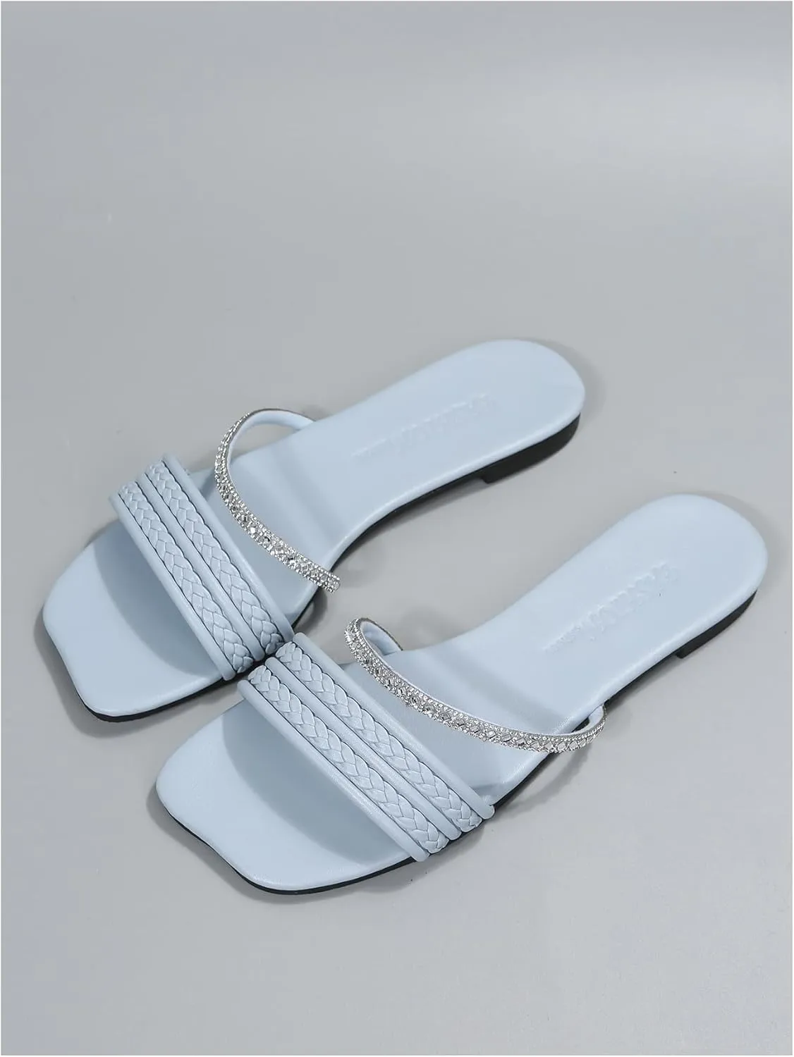 GORGLITTER Women's Glitter Rhinestone Braided Strappy Flats Pu Leather Square Open Toe Slide Sandals