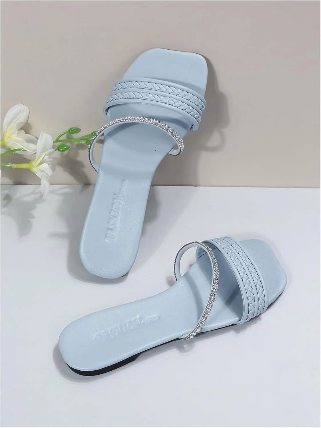 GORGLITTER Women's Glitter Rhinestone Braided Strappy Flats Pu Leather Square Open Toe Slide Sandals