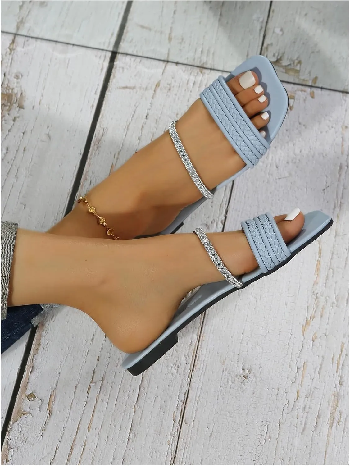 GORGLITTER Women's Glitter Rhinestone Braided Strappy Flats Pu Leather Square Open Toe Slide Sandals