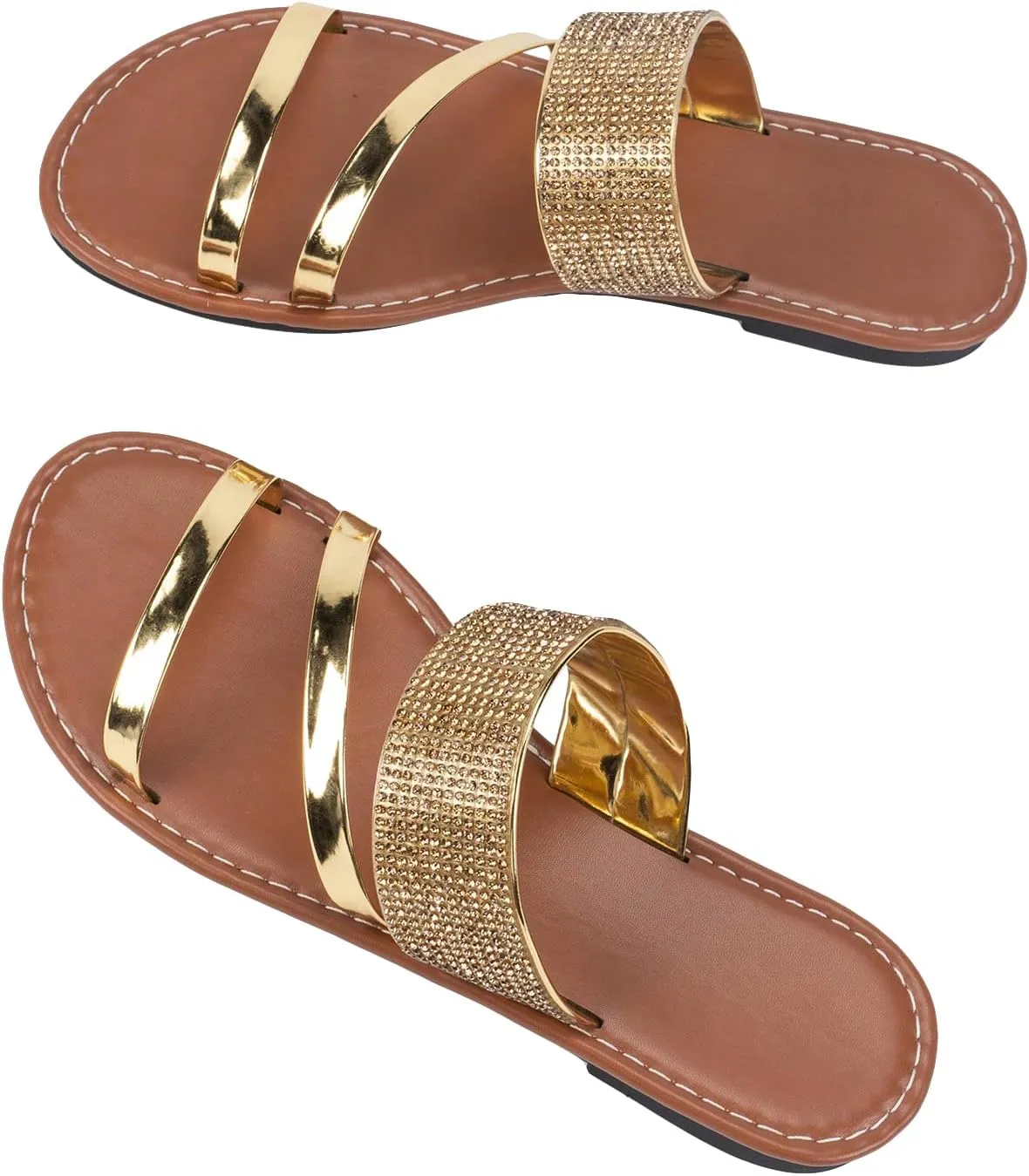 GORGLITTER Women's Glitter Rhinestone Flat Sandals Sparkly Metallic Open Toe Strappy Dressy Slide Sandals