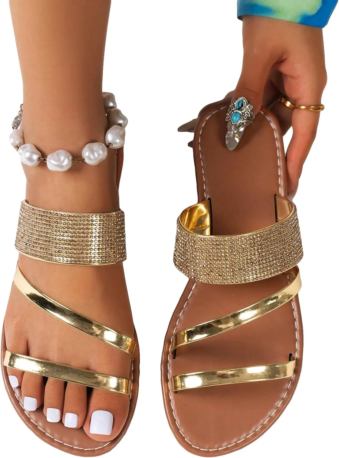 GORGLITTER Women's Glitter Rhinestone Flat Sandals Sparkly Metallic Open Toe Strappy Dressy Slide Sandals