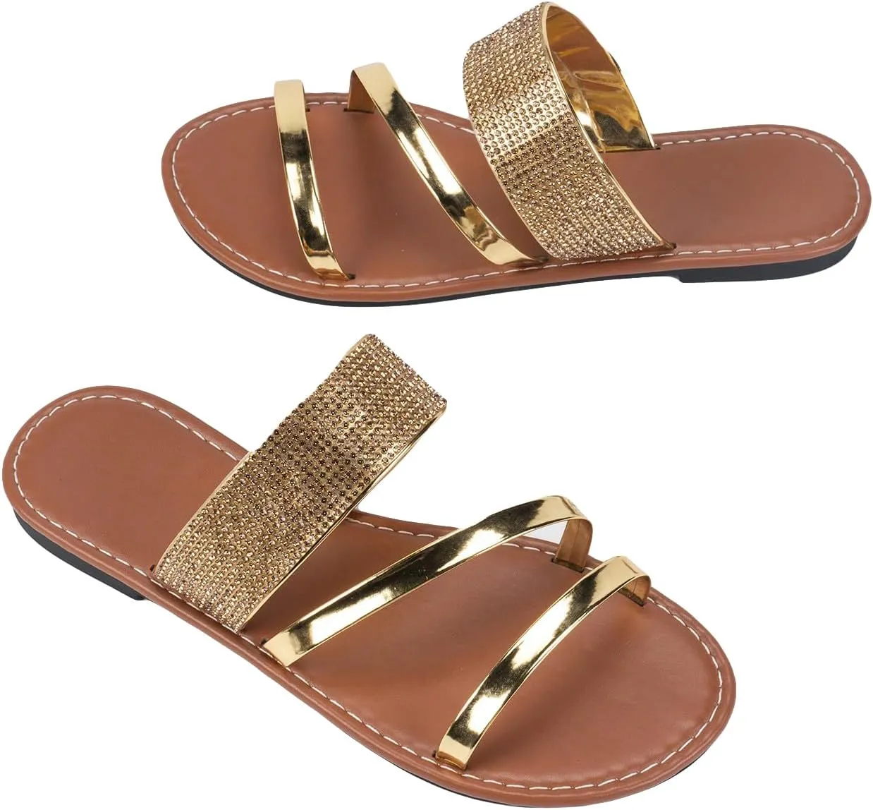 GORGLITTER Women's Glitter Rhinestone Flat Sandals Sparkly Metallic Open Toe Strappy Dressy Slide Sandals
