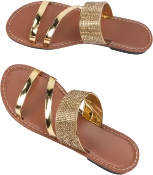 GORGLITTER Women's Glitter Rhinestone Flat Sandals Sparkly Metallic Open Toe Strappy Dressy Slide Sandals