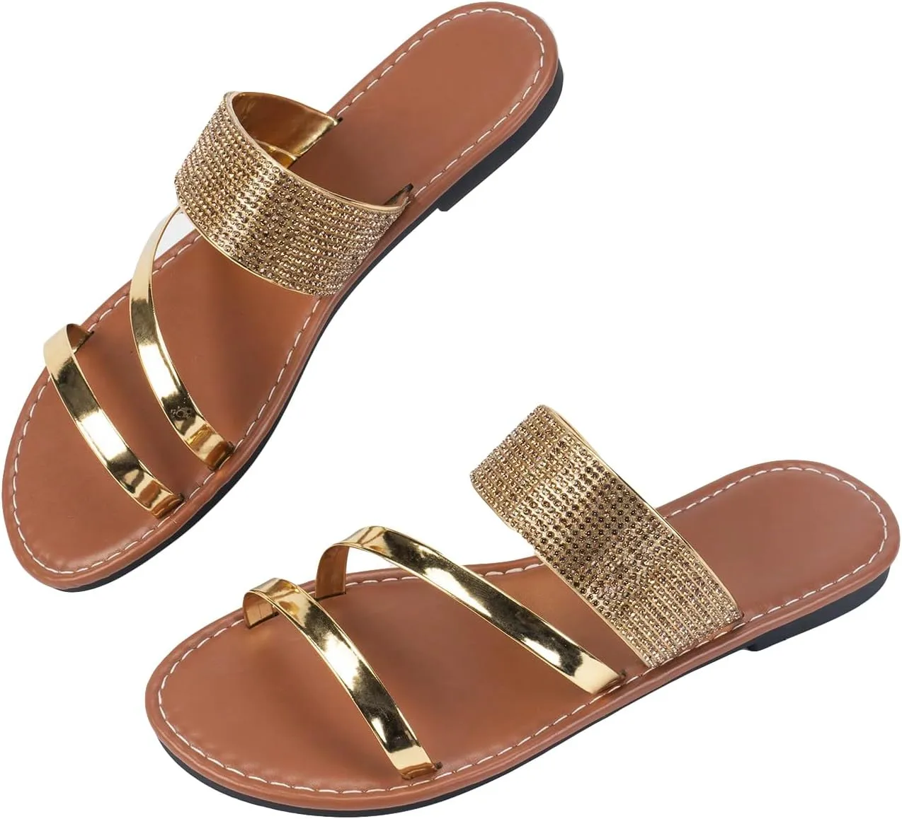 GORGLITTER Women's Glitter Rhinestone Flat Sandals Sparkly Metallic Open Toe Strappy Dressy Slide Sandals