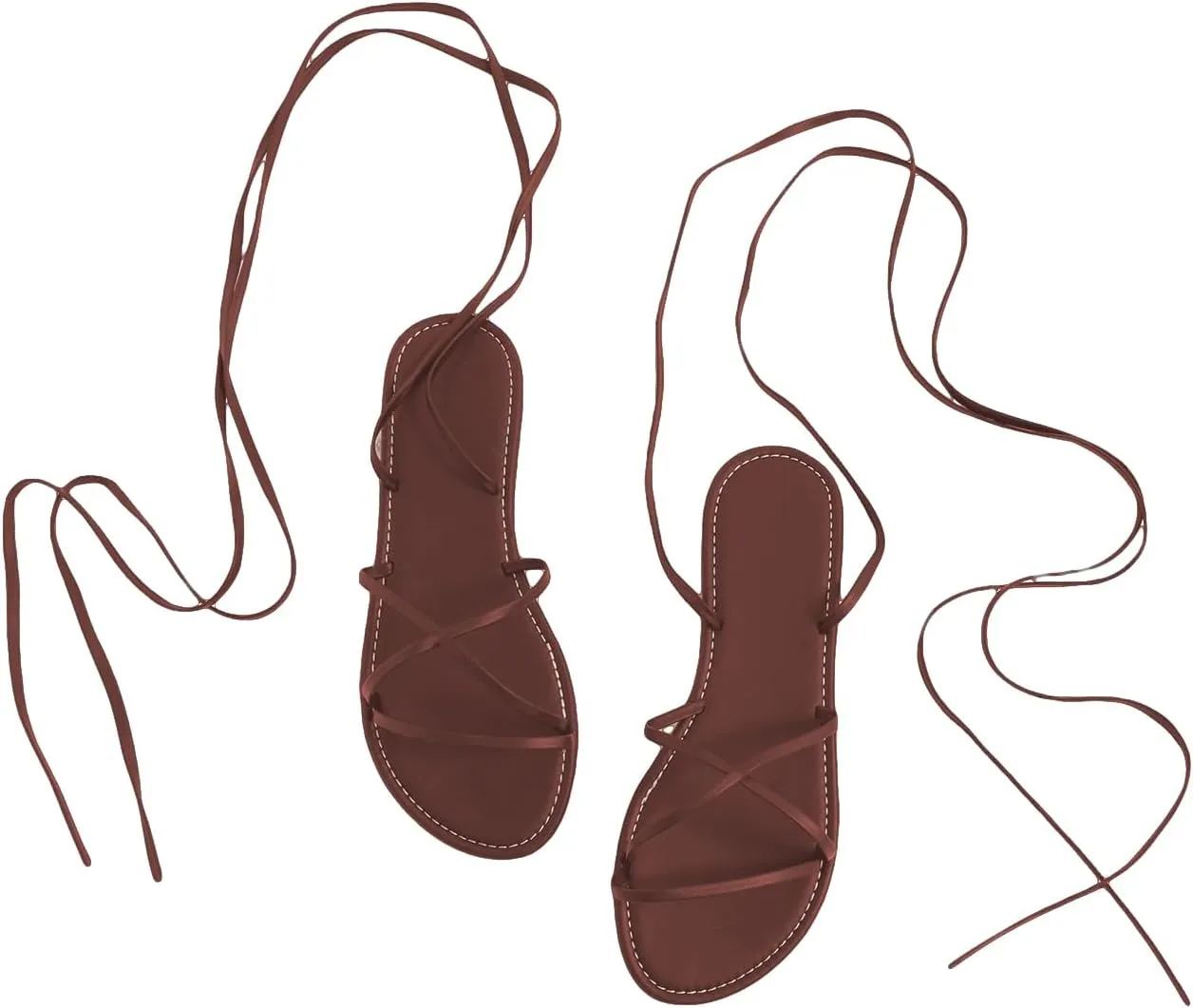 GORGLITTER Women's Lace Up Flat Sandals Strappy Tie Up Open Toe Dressy Slide Sandals