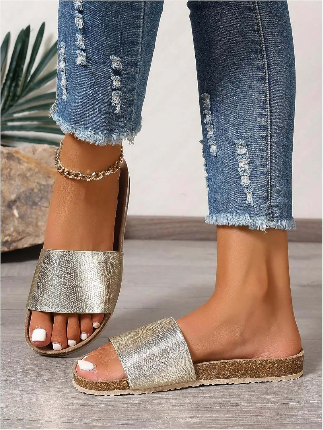 GORGLITTER Women's Metallic Flat Open Toe Sandals Slip on Dressy Slide Sandals