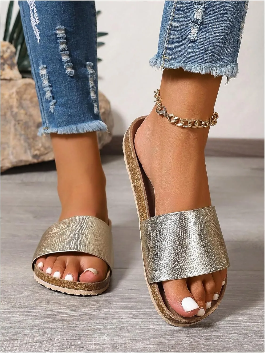 GORGLITTER Women's Metallic Flat Open Toe Sandals Slip on Dressy Slide Sandals