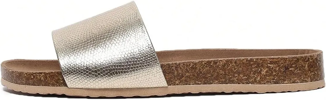 GORGLITTER Women's Metallic Flat Open Toe Sandals Slip on Dressy Slide Sandals