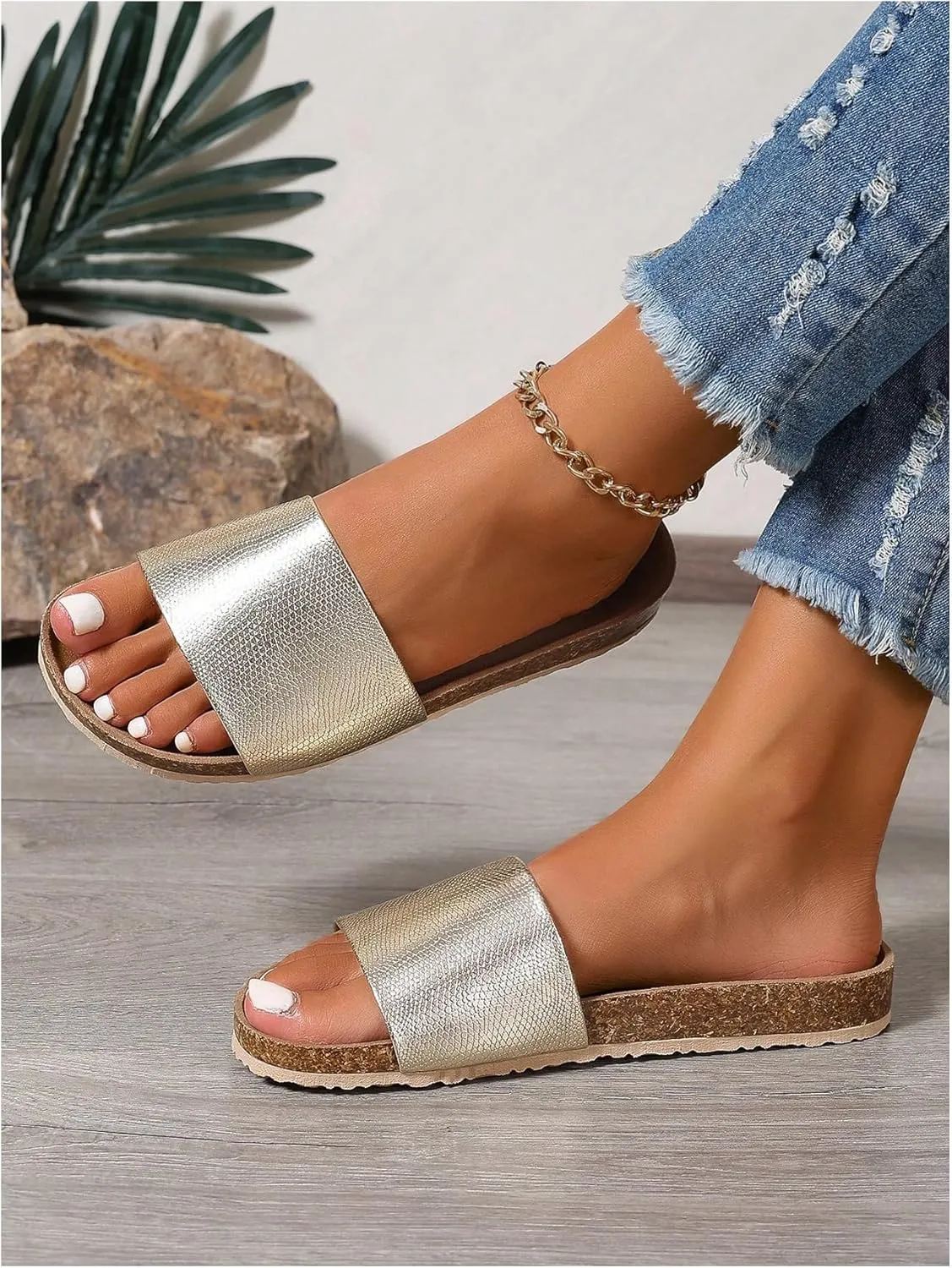 GORGLITTER Women's Metallic Flat Open Toe Sandals Slip on Dressy Slide Sandals