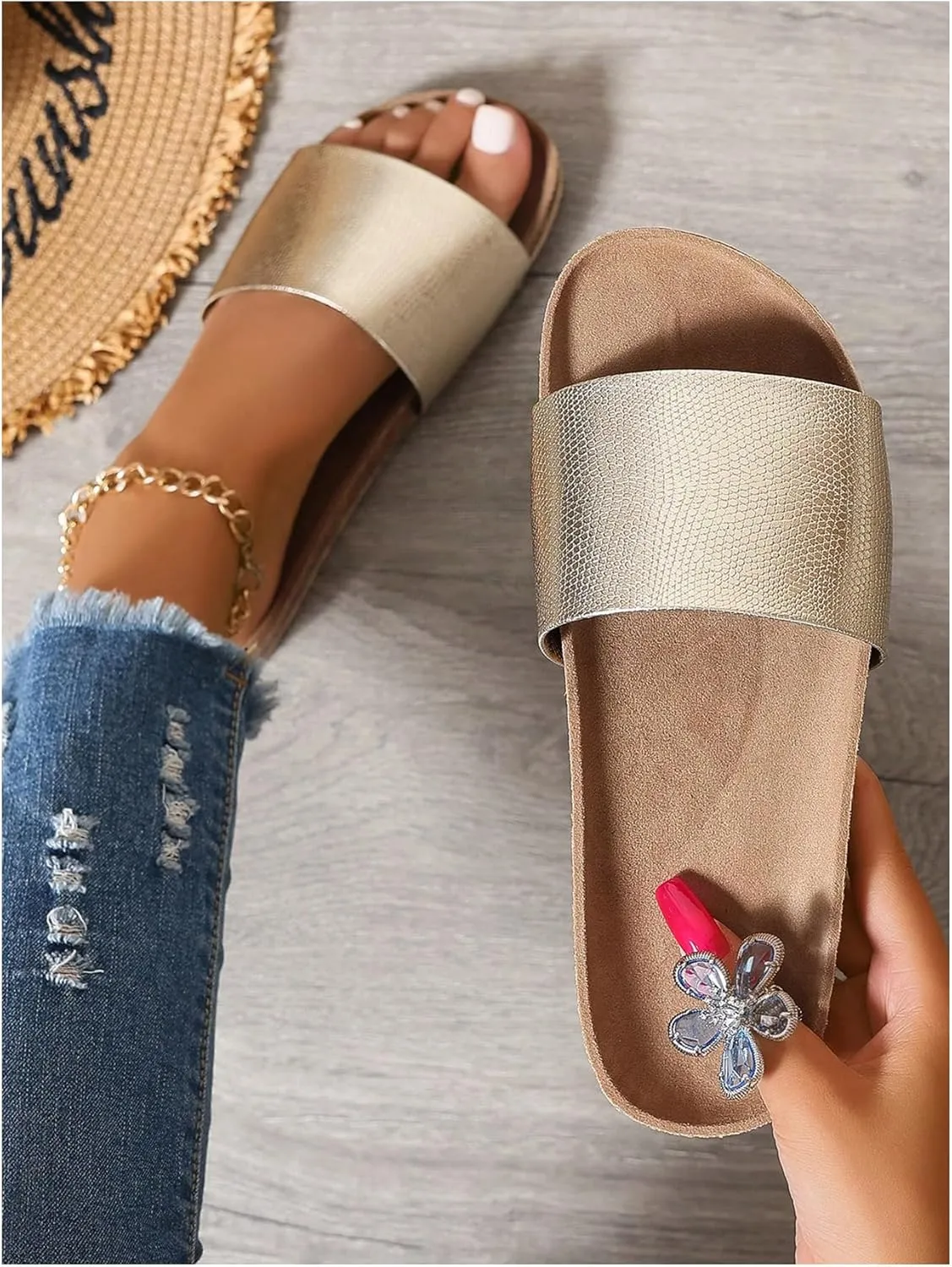GORGLITTER Women's Metallic Flat Open Toe Sandals Slip on Dressy Slide Sandals