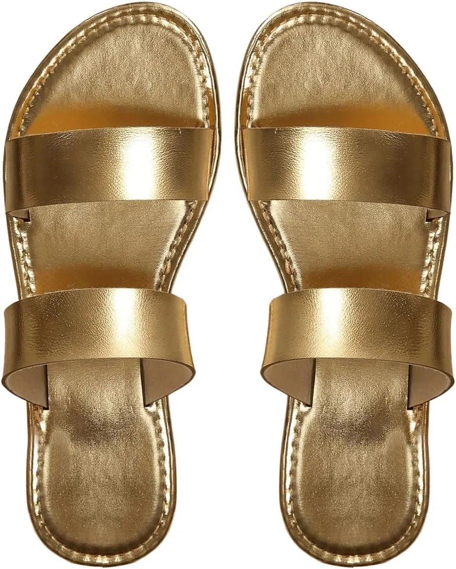 GORGLITTER Women's Metallic Flat Sandals Open Toe Double Strap Slide Sandals