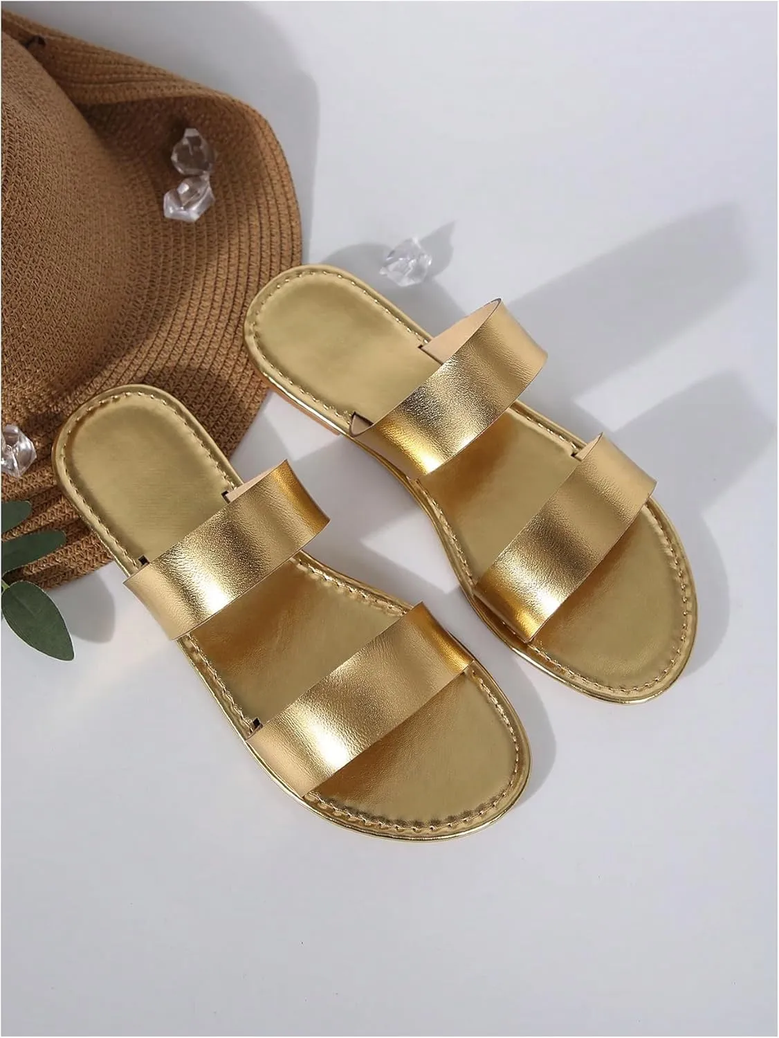 GORGLITTER Women's Metallic Flat Sandals Open Toe Double Strap Slide Sandals